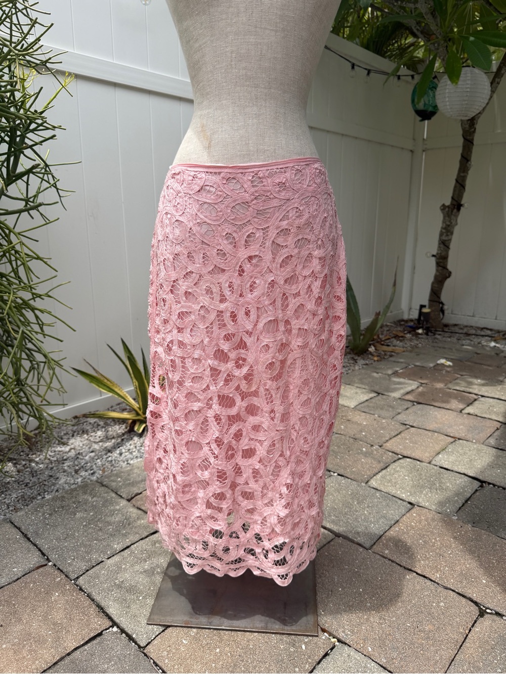 Vintage Pink Lace Midi Skirt - Women's Elegant Crochet Overlay